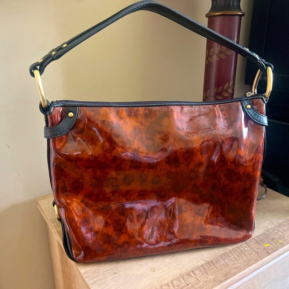 Donald J. Pliner Barcelona tortoise shell print patent shoulder bag 15” x 10”